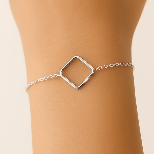 Minimalist Square Charm Bracelet - Sterling Silver or 14K Gold-Filled - Adjustable Chain Bangle - Womens Jewelry