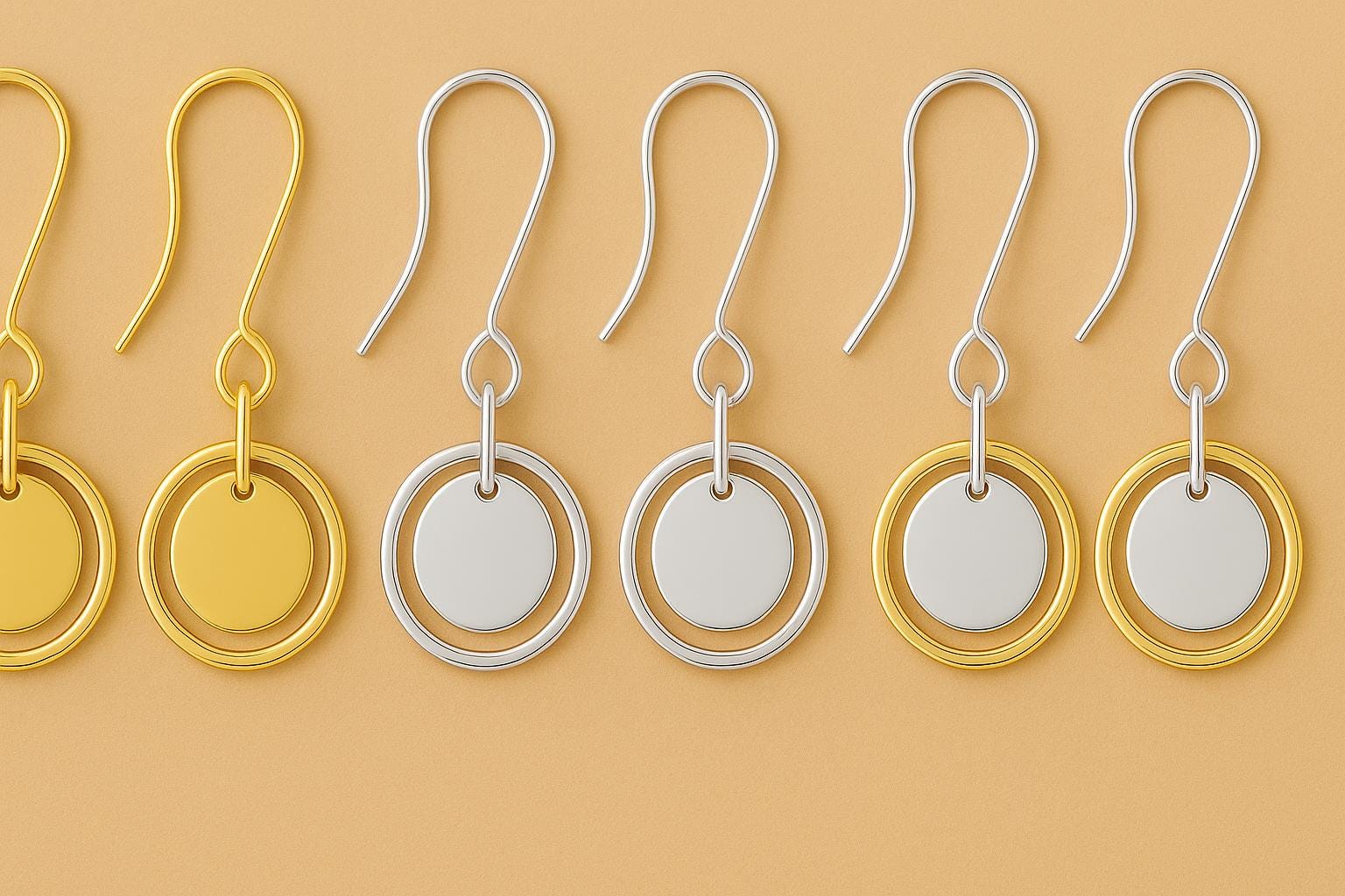 Pair of gold and silver earrings on a beige background