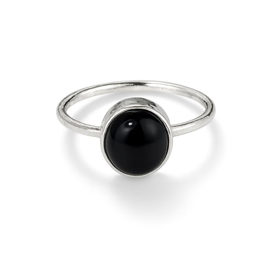 Silver ring with a black onyx gemstone on a white background