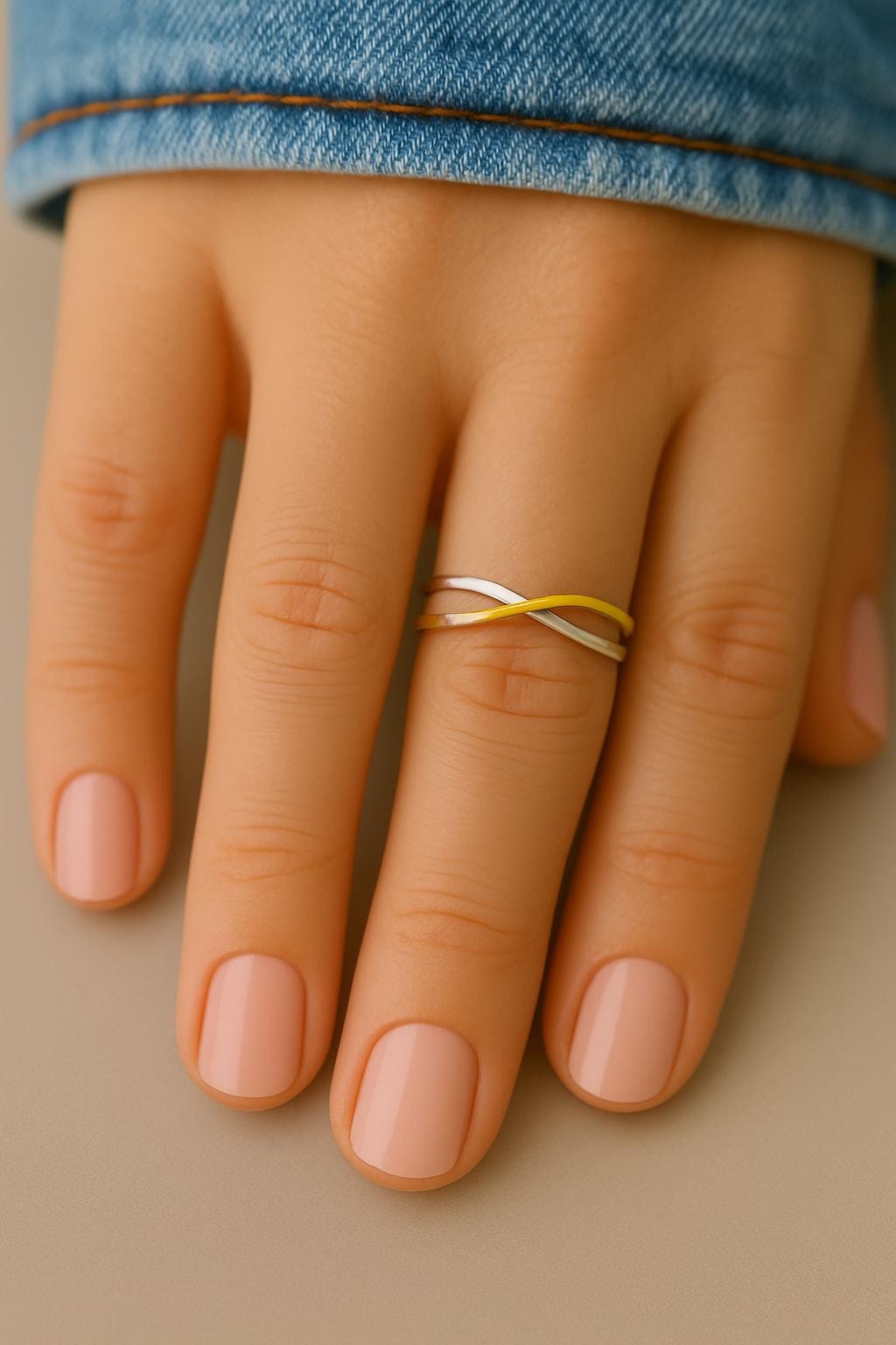 Hand wearing a gold ring on a beige background