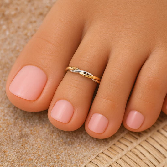 14k Gold and Real Sterling Silver Twisted Toe Ring: Adjustable 925 Sterling & 14k Gold Filled, Pretty Summer Beach Jewelry Gift For Her