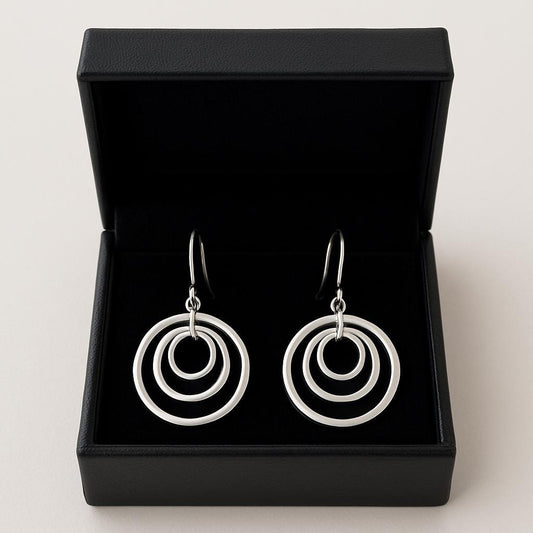 Silver circle earrings in a black jewelry box on a light gray background