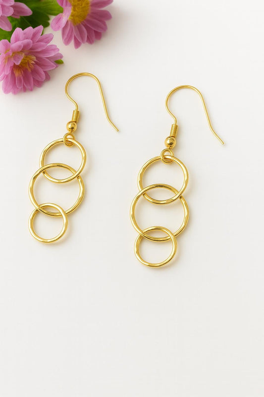 old hoop earrings, triple hoop dangle earrings, minimalist gold jewelry, handmade gold earrings, lightweight statement earrings, modern boho jewelry, St Clair Fine Jewelry