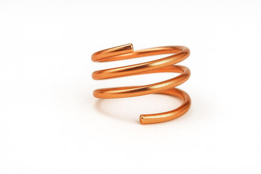 Rose gold spiral ring on a white background
