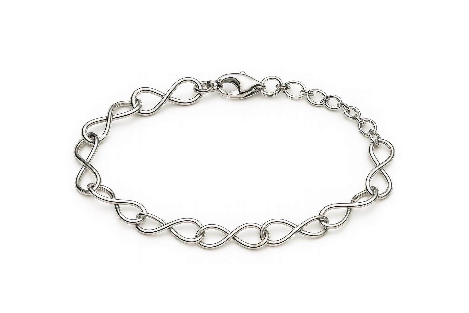 Silver bracelet with interlocking chain design on a white background
