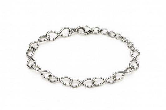 Silver bracelet with interlocking chain design on a white background