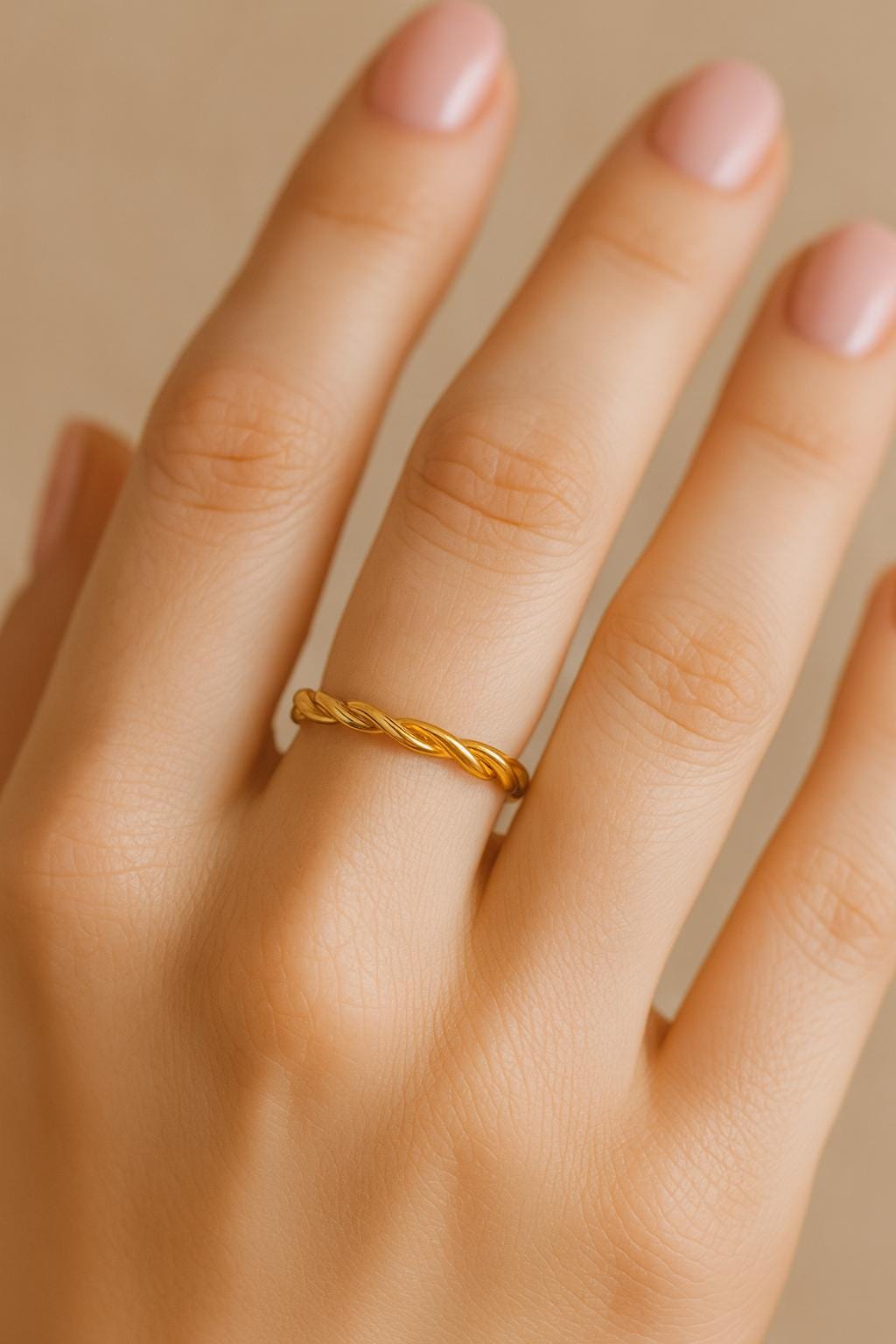 Gold ring on a person's finger against a neutral background