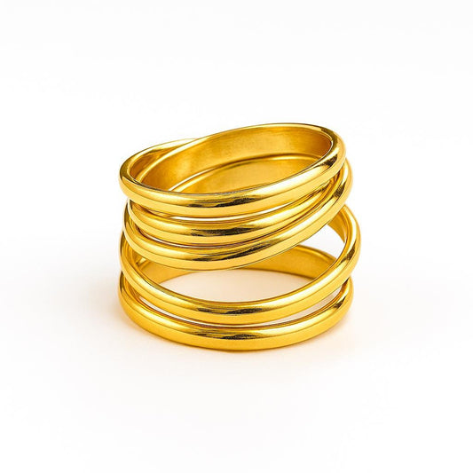 Gold ring with multiple stacked bands on a white background