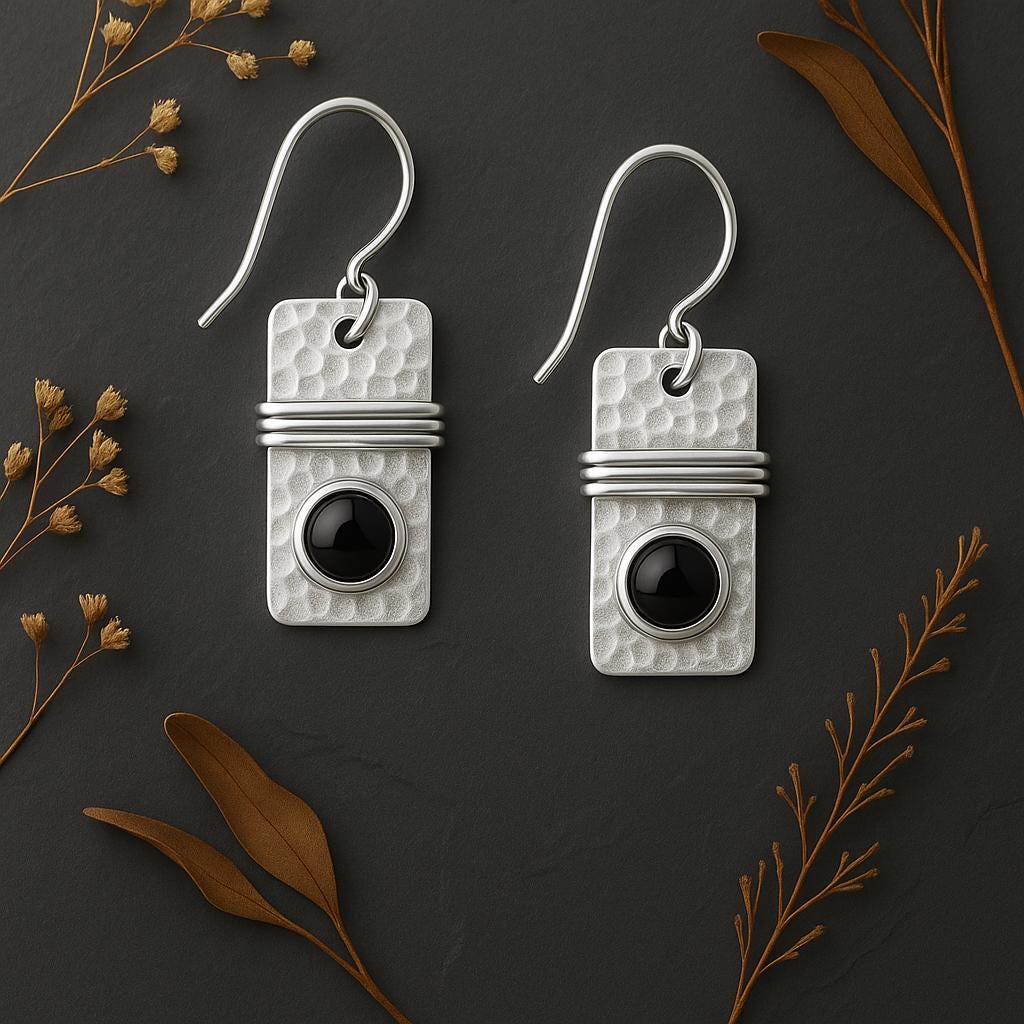 🖤 Hammered Silver &amp; Black Onyx Earrings – Modern Artisan Dangle Earrings  by St Clair Fine Jewelry