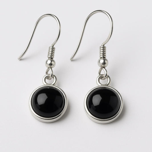 black onyx earrings, gold filled onyx earrings, sterling silver onyx earrings, gemstone drop earrings, minimalist black earrings, handcrafted gemstone jewelry, modern gold earrings, elegant everyday earrings, dainty black onyx jewelry, onyx cabochon earrings, black stone earrings, gold and silver earrings, hypoallergenic earrings, nickel free jewelry, gemstone jewelry gift, protection stone jewelry, grounding stone earrings, St Clair Fine Jewelry earrings, handmade in USA jewelry, boho chic earrings, timele