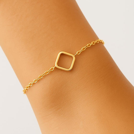 Minimalist Square Charm Bracelet - Sterling Silver or 14K Gold-Filled - Adjustable Chain Bangle - Womens Jewelry