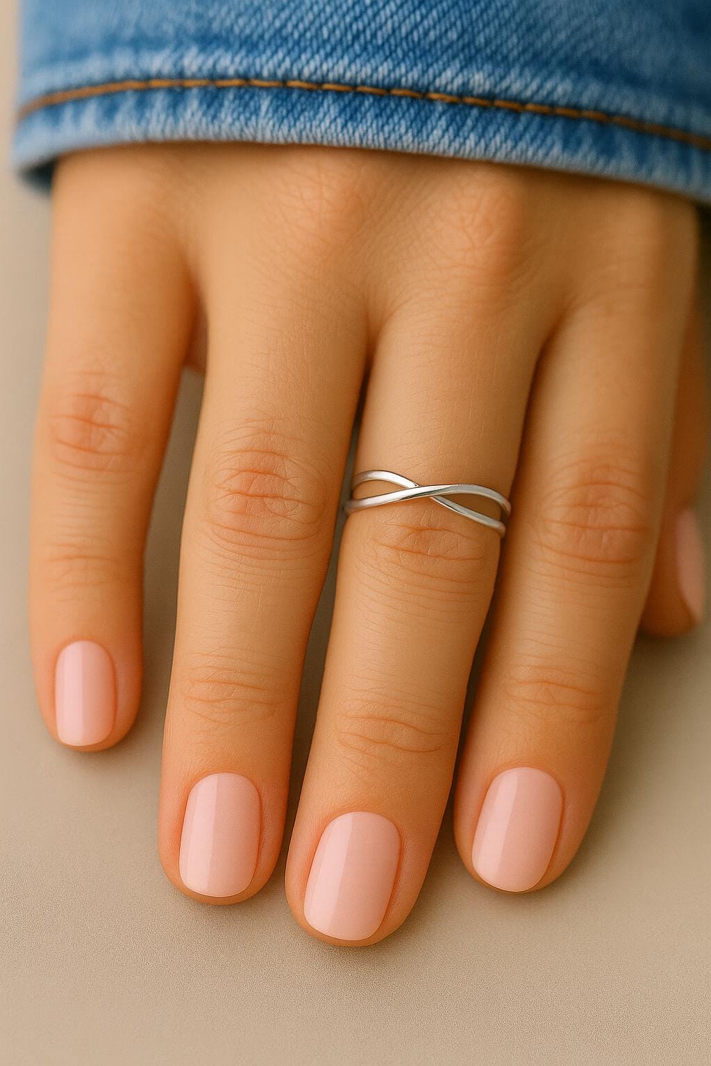 Hand wearing a silver ring with pink nail polish on a neutral background
