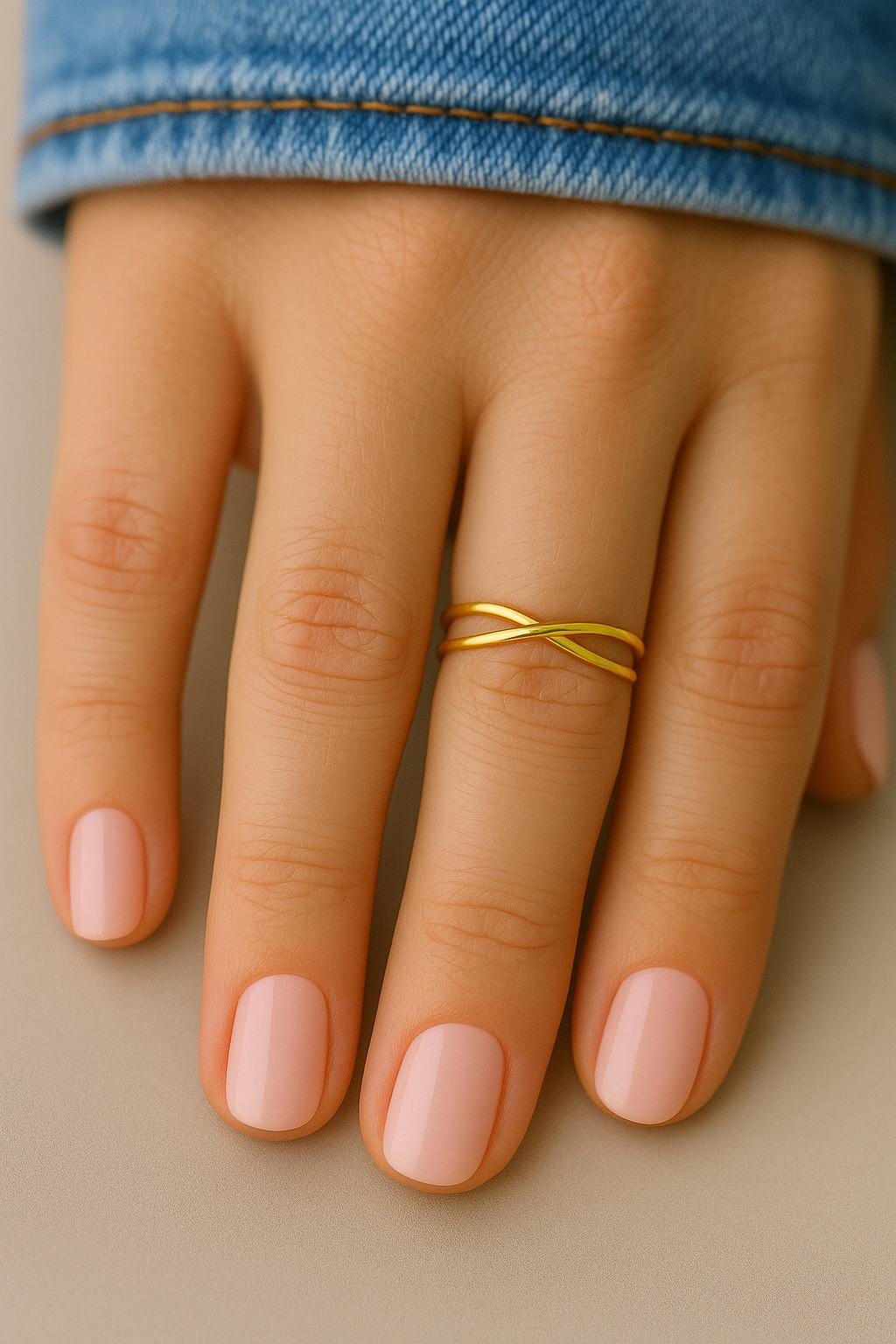 Hand wearing a gold ring with pink nail polish on a neutral background