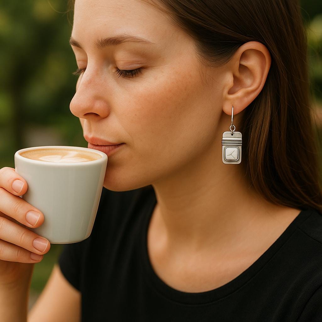Woman drinking a cup of coffee with a blurred green background